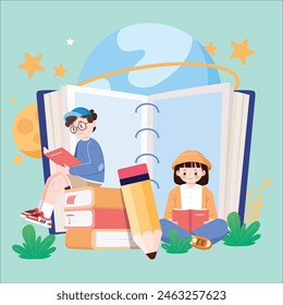 Boy and girl reading book on large book universe background