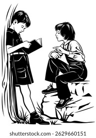Boy and Girl Reading Book Outdoors. Kids reading book near the tree. Brother reading book for sister at backyard. Black and white vector illustration. Both figures, tree and rock are separate.