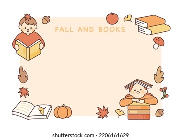 Boy and girl reading a book. It is piled up next to autumn leaves around it. message card. flat design style vector illustration.