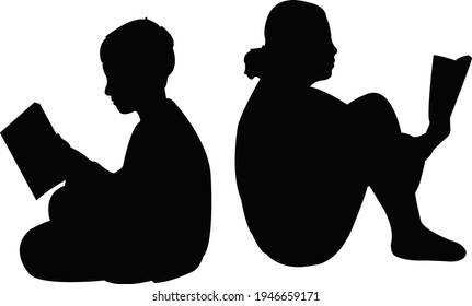 a boy and a girl reading book, silhouette vector