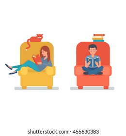 Boy and girl reading book sitting on chair. Vector illustration.
