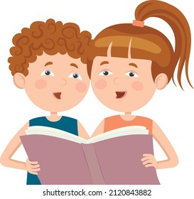 Boy and girl are reading a book together.
Vector illustration in a flat style.
Suitable for web design, children's books, congratulations on Book Day, Knowledge Day.