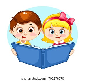 Boy and girl reading a book. Vector illustration 