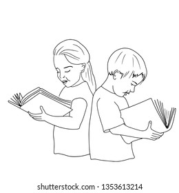 A boy and a girl are reading books. Childhood. Education.