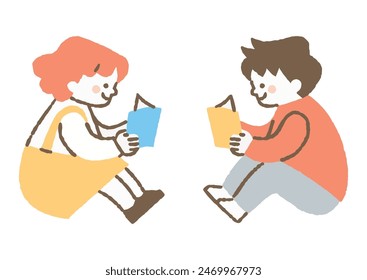 Boy and girl reading books facing each other_Color