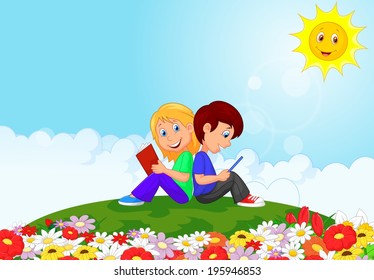 Boy and girl reading books in the flower garden