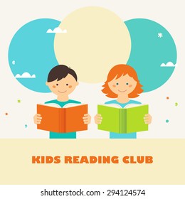 Boy And Girl Reading Books. Kids Reading Club Sign. Reading And Education Concept 