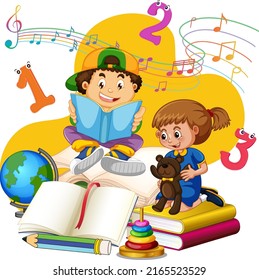 Boy and girl are reading books on a stack of books illustration