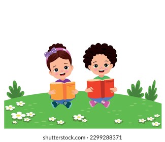 Boy and girl reading books on the grass.