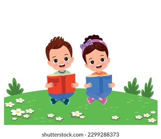 Boy and girl reading books on the grass.