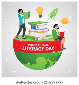 Boy and girl reading books outdoors. Celebrating International Literacy Day, September 8. Happy Literacy Day concept. Flat vector illustration.