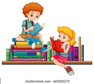 Boy Girl Reading Books Together Illustration Stock Vector (Royalty Free ...