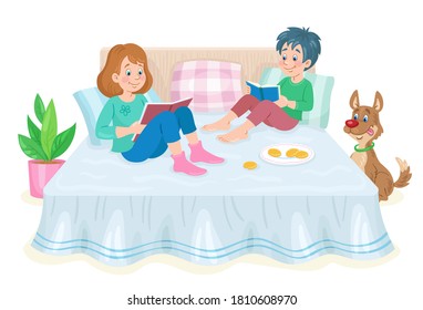 Muchacho y chica están leyendo libros mientras están sentados en la cama. El perro gracioso está cerca. Al estilo de las caricaturas. Aislado sobre fondo blanco. Ilustración plana vectorial.