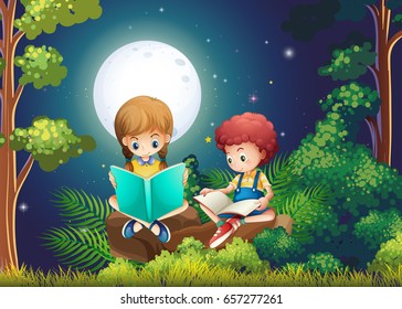 Boy and girl reading books in the woods at night illustration