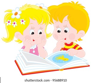 Boy and girl reading an illustrated book