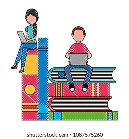 boy and girl reading a laptop sitting on a stack of textbooks