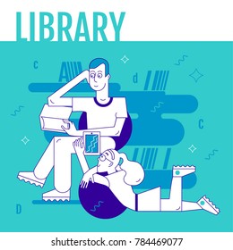 Boy and girl are reading in the library flat illustration