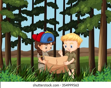 Boy and girl reading map in the forest illustration