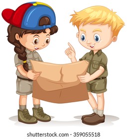 Boy And Girl Reading Map Illustration