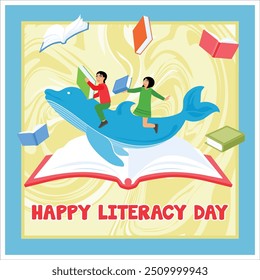 Boy and girl reading story books. Reading books becomes an adventure of fantasy and imagination. Happy Literacy Day concept. Flat vector illustration.