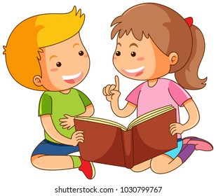 Boy and girl reading storybook illustration