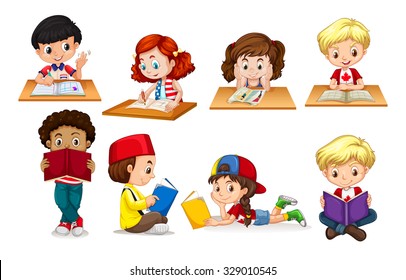 Boy and girl reading and writing illustration