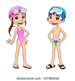 Boy and girl ready to swim. Funny cartoon and vector isolated sport characters