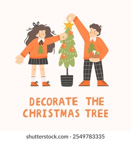 Boy and girl in red sweaters decorate a Christmas tree. Cute flat vector children illustration in cartoon style.Template for New Year or Christmas greeting card 