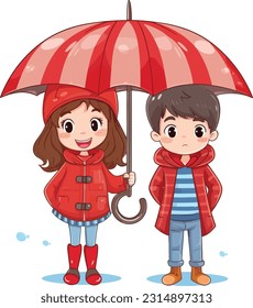 Niño y niña con ilustración de paraguas rojo 