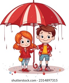 Niño y niña con ilustración de paraguas rojo 