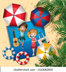 Boy and girl relaxing at the beach aerial view illustration