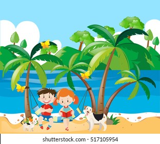 Boy and girl relaxing on the beach illustration