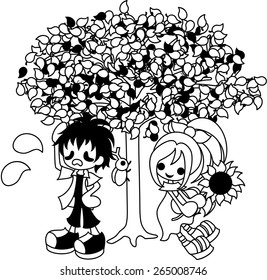 A boy and girl resting in the shade of a tree in a hot day.