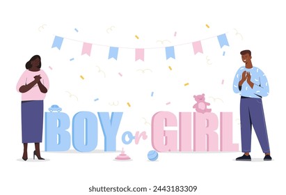 Boy or girl reveal concept. Man and woman waiting for kids and chldren. Geender of baby or toddler. Poster or banner. Cartoon flat vector illustration isolated on white background