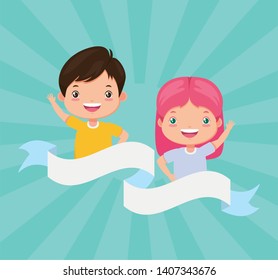 boy and girl ribbon stripes background - kids zone vector illustration