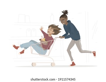 Boy and girl ride a supermarket cart (v.2)