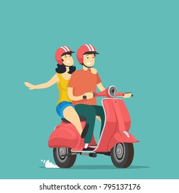 Boy and girl rides on scooter. Vector illustration.