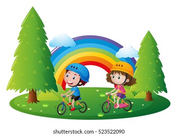 Boy and girl riding bicycle in park illustration