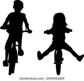 boy and girl riding bicycle silhouette, vector on white background