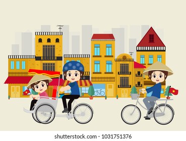 boy with girl riding bicycle and tricycle in Hanoi, vector illustration.