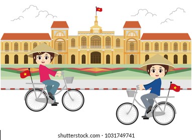 boy with girl riding bicycle in vietnam, vector illustration.