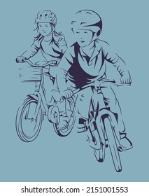 Boy and girl riding bikes close to each other. Vector line art