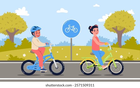 Boy and girl riding bikes on bike path. Children on bicycle on city road. Kids transportation. Schoolboy in helmet. Leisure time and sport. Cartoon flat isolated vehicle illustration. Vector concept