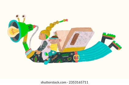 Boy and girl riding a book monster. watercolor vector illustration. Funny animal. child and education concept. 