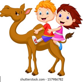 Boy and girl riding camel