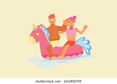 A boy and girl riding a cute float, Happy summertime theme. Simple vector illustration, this illustration can use as a sticker also. 