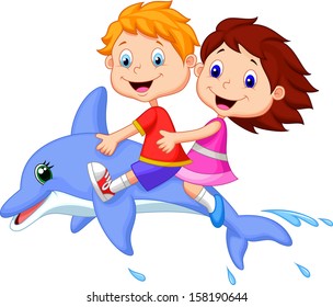 Boy and girl riding a dolphin