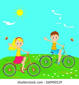 boy and girl riding on a bicycle on a green meadow on background of blue sky, illustration, vector