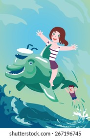  Boy and girl riding on a dolphin. Vector illustration