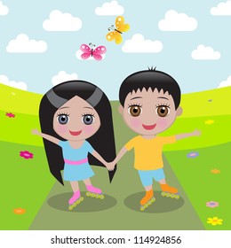 Boy and girl riding on roller skates